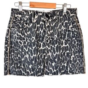 Mother The Vagabond Mini Fray distressed leopard animal print denim skirt